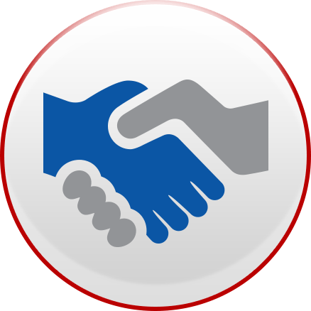 A blue hand and a gray hand shake inside a white circle with a thin red border.