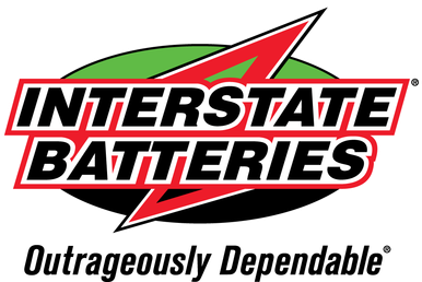 The Interstate Batteries logo features bold black text on a red-outlined white background over a green and black oval.