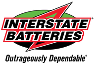 The Interstate Batteries logo features bold black text on a red-outlined white background over a green and black oval.