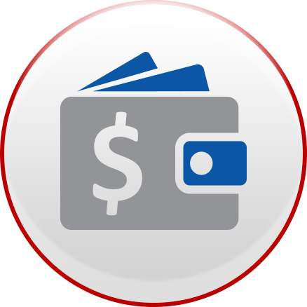 A grey wallet icon with a blue dollar sign and blue paper currency sticking out, inside a red-bordered circle.