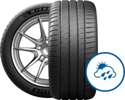 Black tire in front of alloy wheel with blue rain-and-snow icon