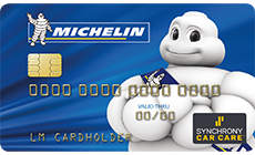 A blue Michelin Car Care credit card featuring the Michelin Man, brand logos, and a smart chip.