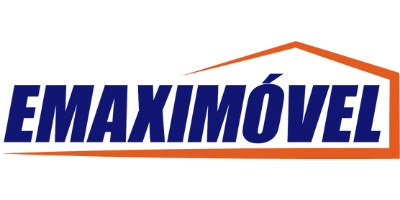 Logotipo da EMAXIMÓVEL, uma empresa imobiliária, com texto azul e contorno de uma casa em laranja.