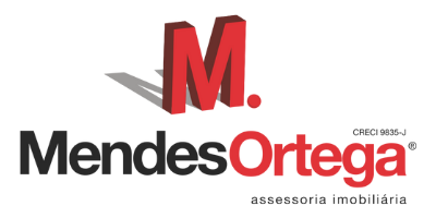 Logo for Mendes Ortega real estate agency: red "M", "Mendes" in black, "Ortega" in red, and "assessoria imobiliária" below.