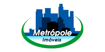 Logotipo da Metrópole Imóveis, apresentando uma paisagem urbana em tons de azul e preto, com arcos verdes.