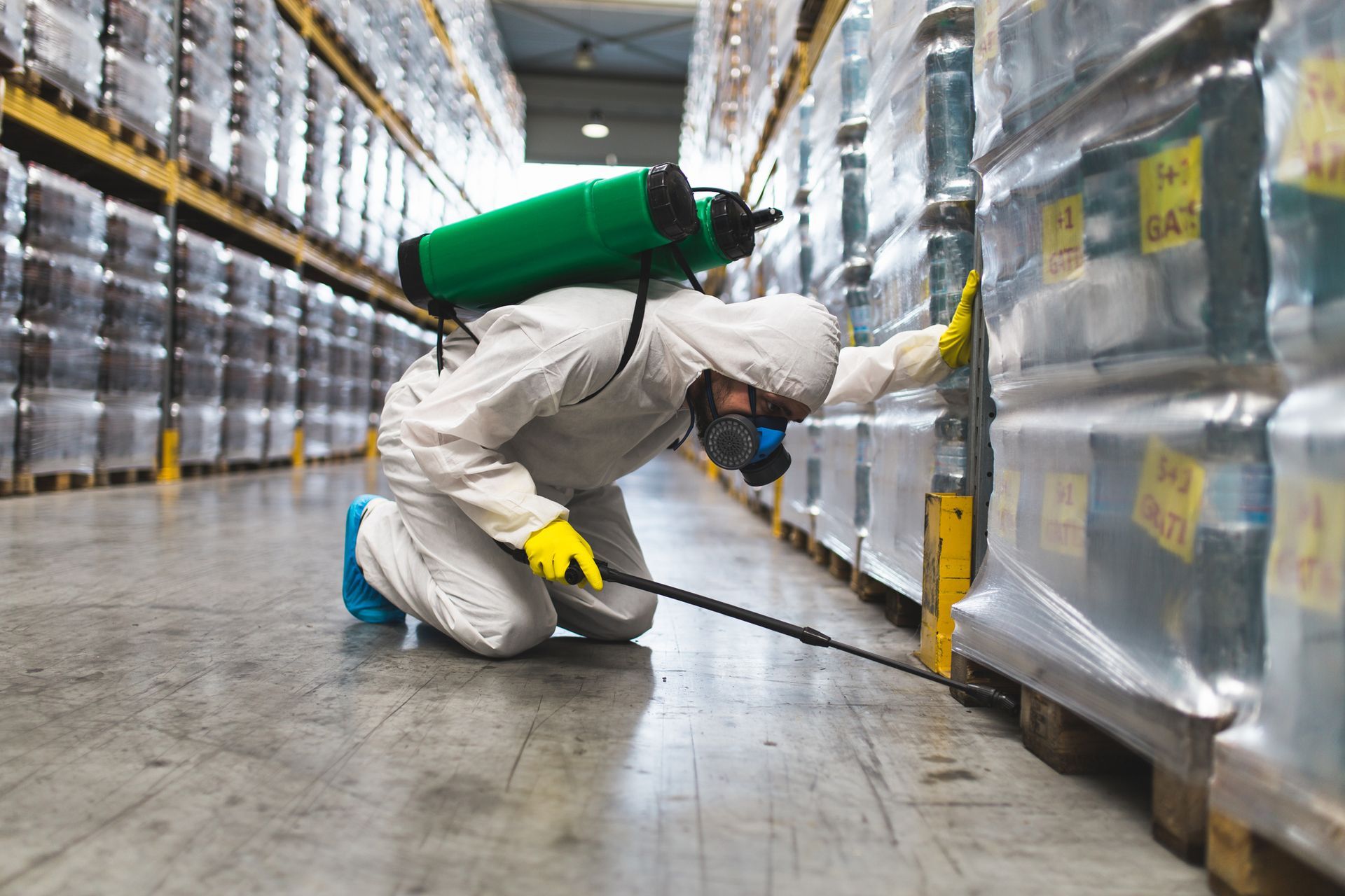 A pest control worker hand-holding a sprayer for spraying pesticides in a manufacturing factory