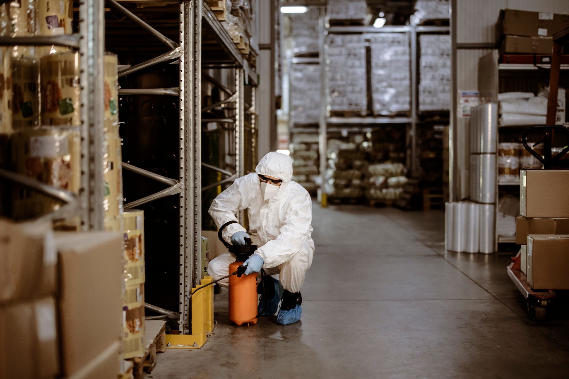 Exterminator in white chemical protection suit doing pest control in the warehouse. Exterminator in white chemical protection suit doing pest control in the warehouse.