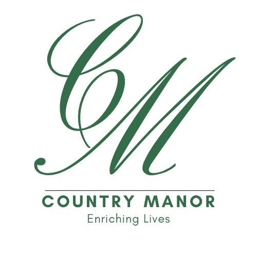 The logo for country manor enriching lives is green and white.