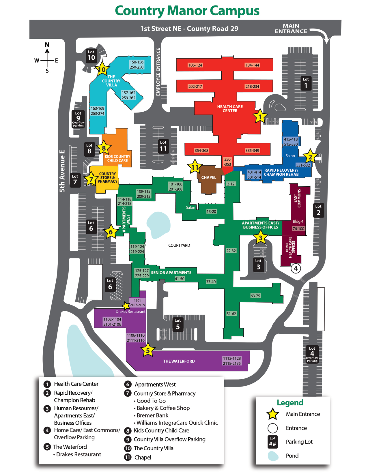 A map of the country manor campus with lots of buildings and parking spaces.