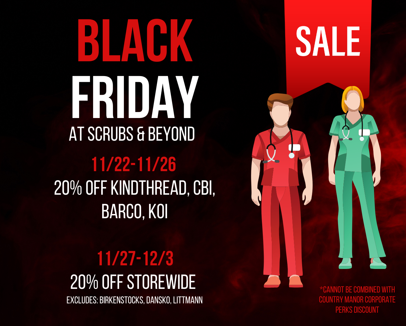 A black friday sale is being held at scrubs and beyond