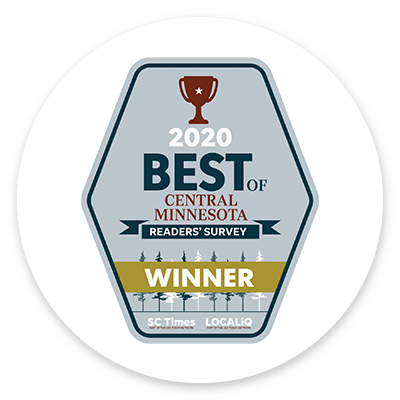 A badge that says `` best of central minnesota readers ' survey winner ''.