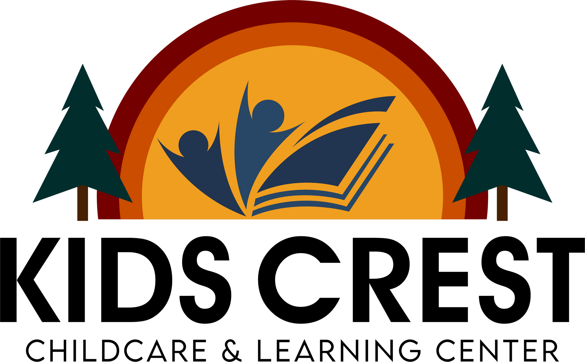 Kids Crest Childcare & Learning Center logo with sunrise, book, and pine trees