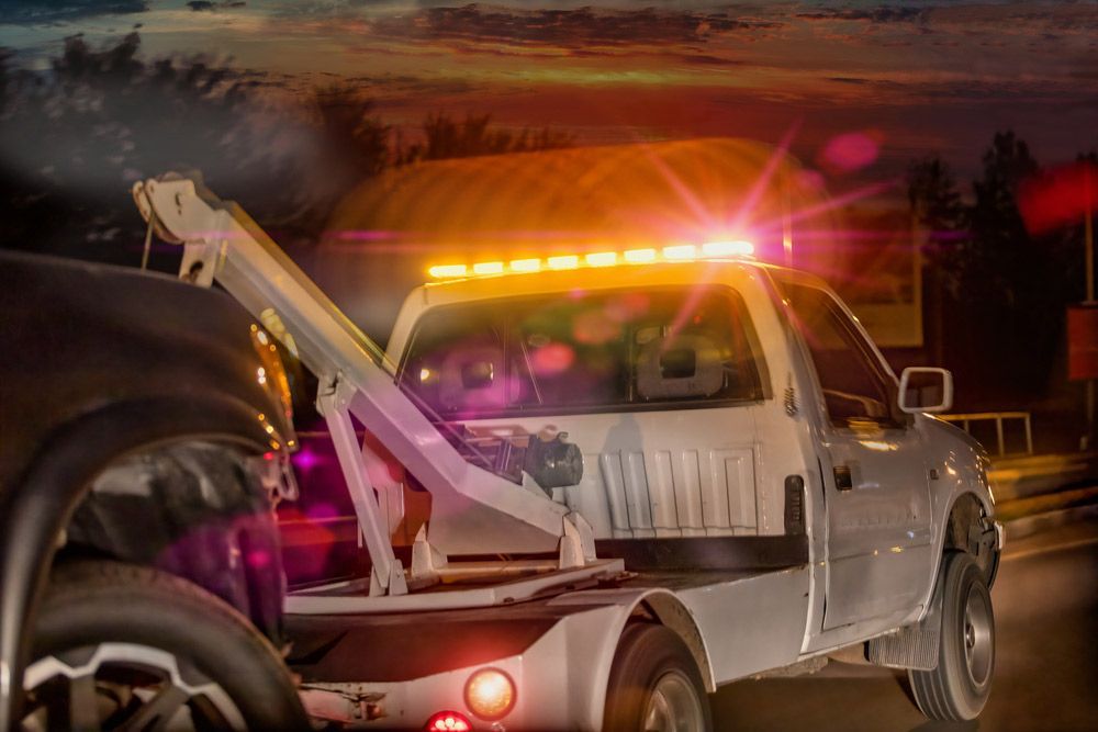 A Tow Truck Is Towing A Car At Night — Tim's Towing and Transport In Sandgate, NSW