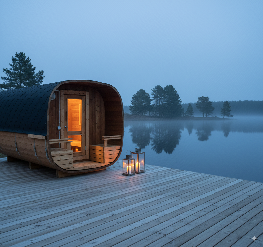 Udendørs sauna af træ ved siden af ​​en sø, tændte lanterner