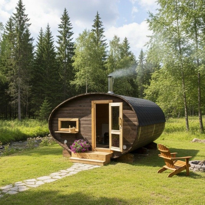 Udendørs sauna af træ ved siden af ​​en sø, tændte lanterner