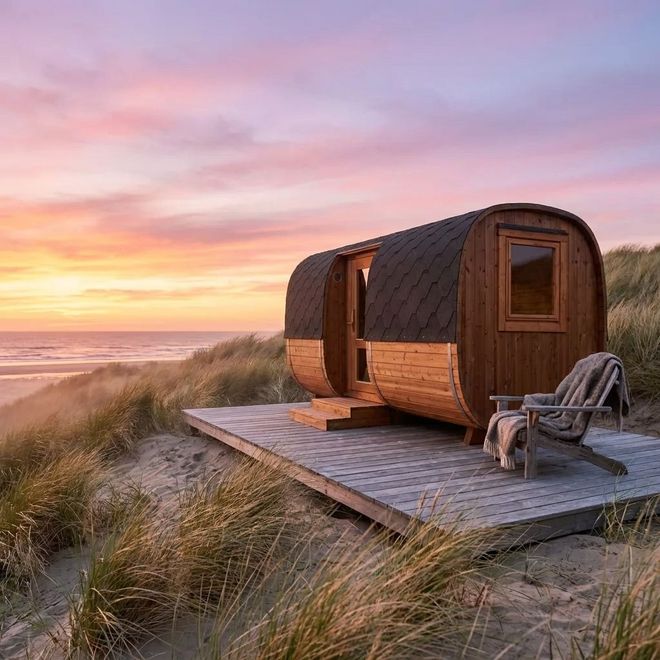 Gæstehus/Anneks i efterårsskov, græskar på trapper