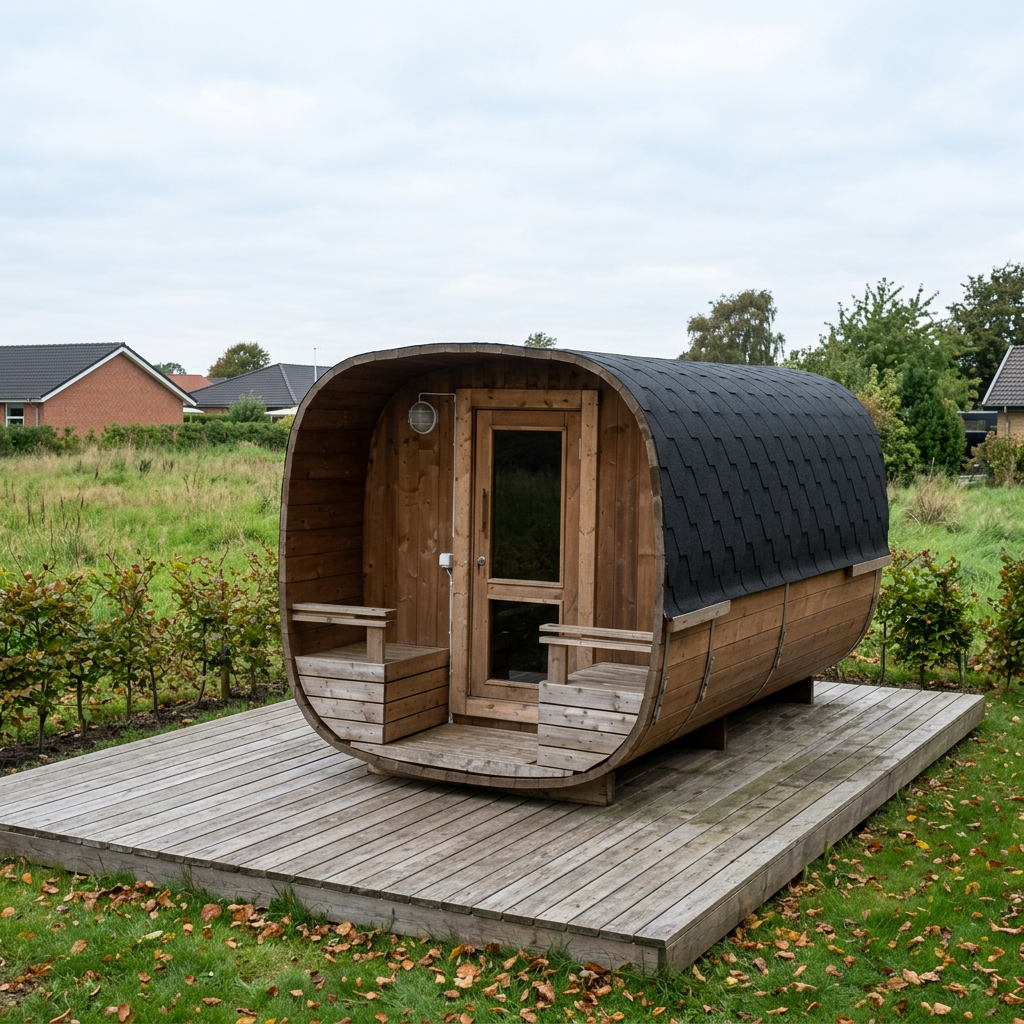 Udendørs sauna af træ ved siden af en sø, tændte lanterner