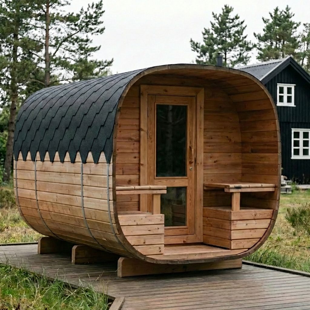 Tøndeformet træsauna med sort tag og glasdør, placeret på en træplatform udendørs.
