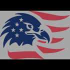 Bald eagle head in blue with 6 stars, overlaid on red and white flag stripes.