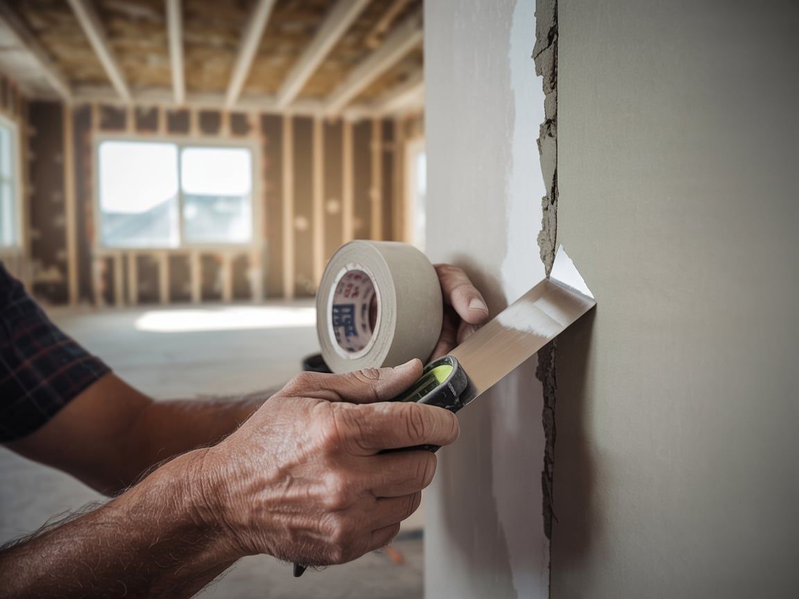 Person taping a wall with a drywall knife in an unfinished house, holding a roll of tape.