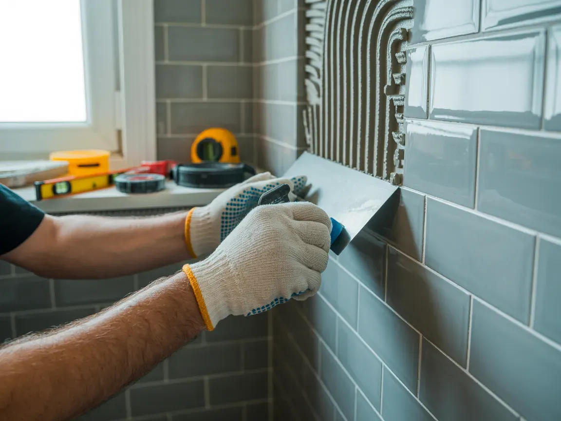 Person tiling a wall with gray subway tiles, using a trowel and wearing work gloves.