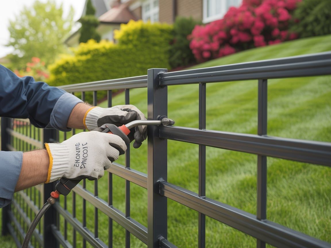 Person in gloves assembling a dark metal fence outdoors using a tool.