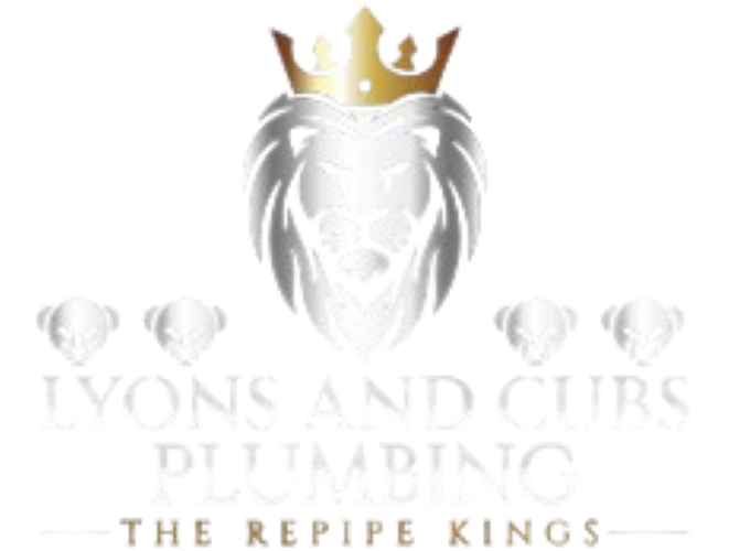 Logo for Lyons and Cubs Plumbing: a silver lion head with a gold crown, four cub heads, and text "Lyons and Cubs Plumbing, The RePipe Kings."