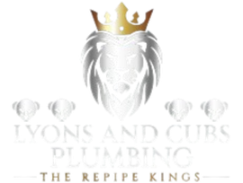 Logo for Lyons and Cubs Plumbing: a silver lion head with a gold crown, four cub heads, and text "Lyons and Cubs Plumbing, The RePipe Kings."