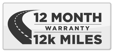 Graphic showing a road icon with text: 12 Month Warranty, 12k Miles.