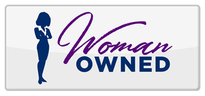 A dark blue silhouette of a person standing next to the purple text "Woman" and blue text "OWNED".