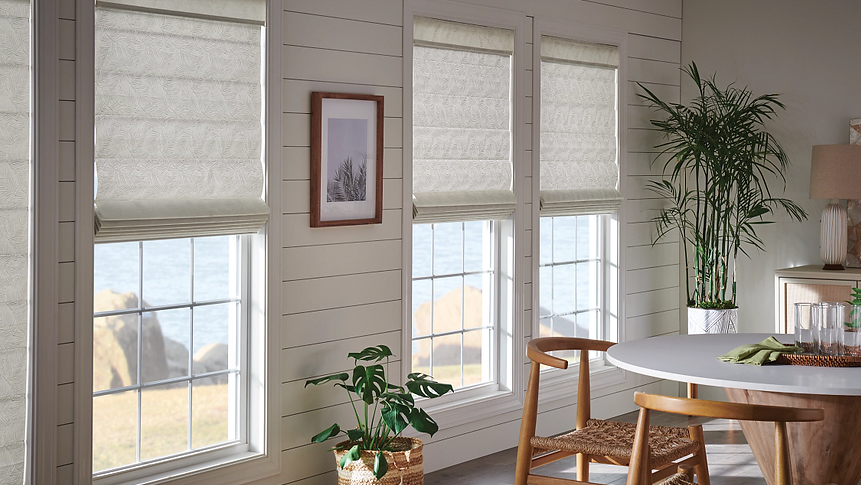 Interior room with windows, Roman shades, artwork, and a table with chairs. A potted plant sits in front.