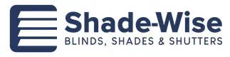 Logo for Shade-Wise, a company that sells blinds, shades, and shutters. Features a blue 'E' with horizontal lines .