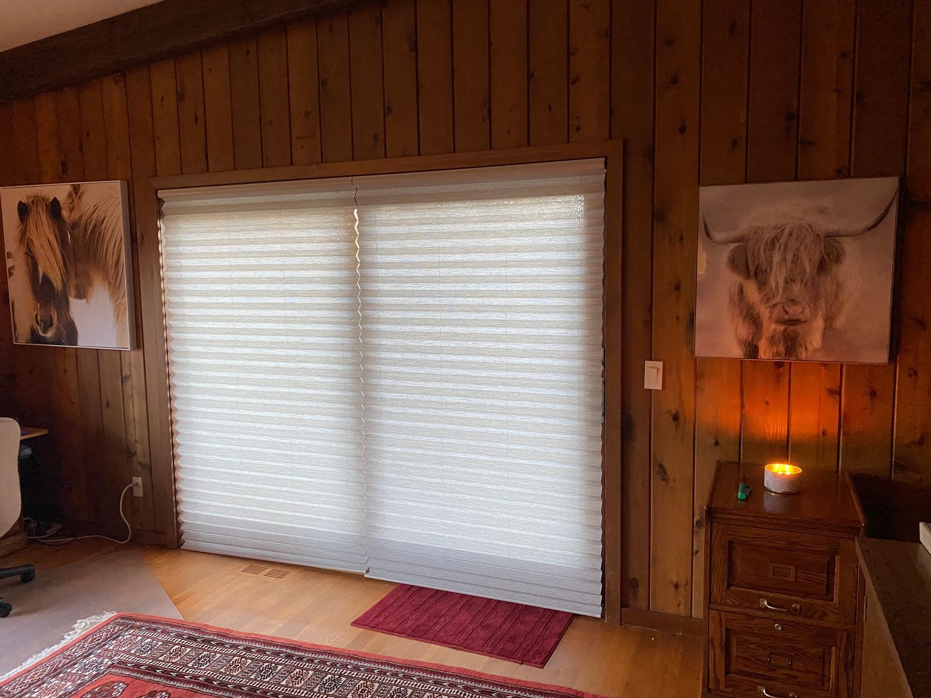 Living room with wood paneling, closed blinds, and artwork. A red rug and a small nightstand.