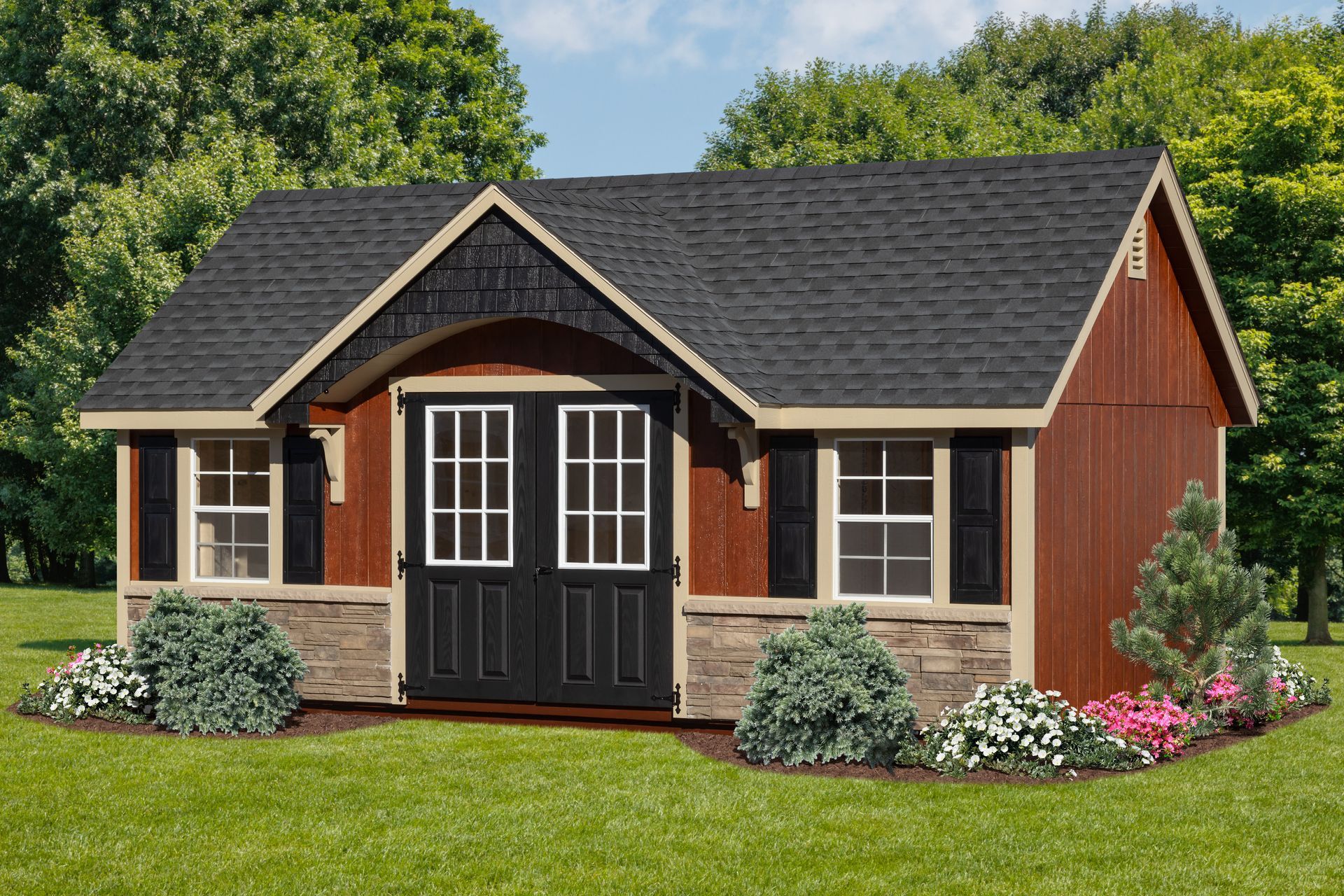 A small house with a black roof is sitting in the middle of a lush green field.