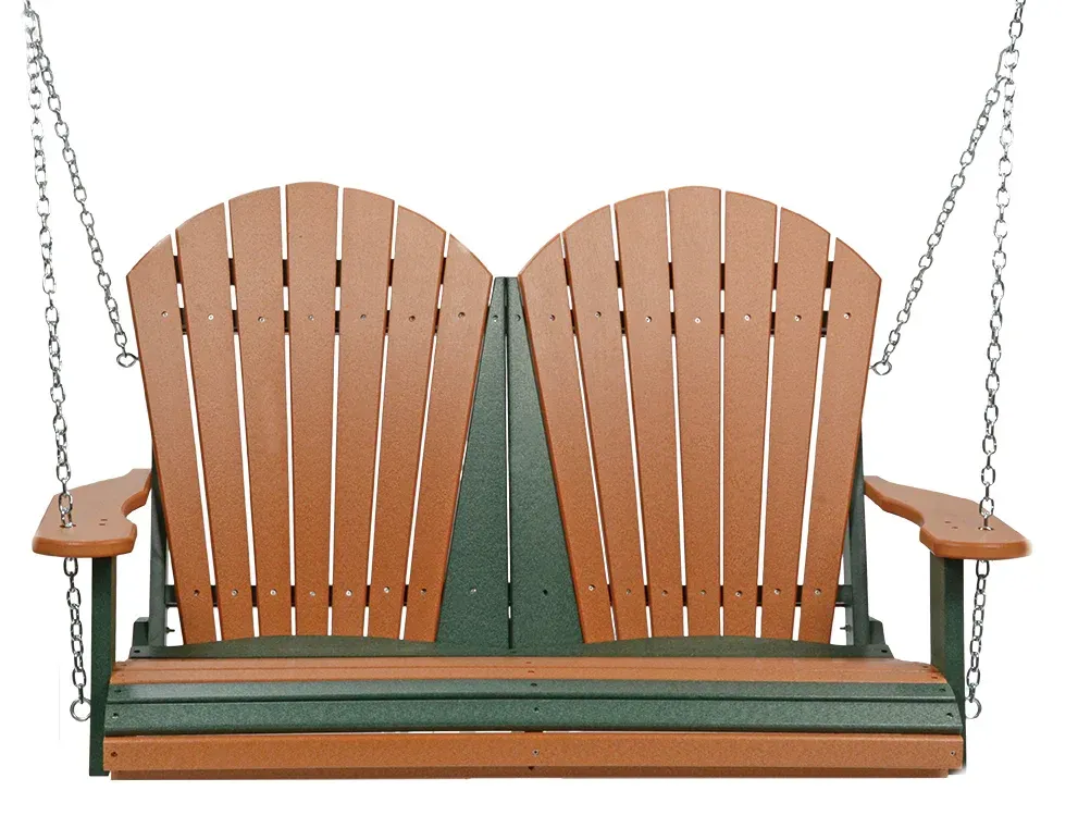 A wooden swing is hanging from chains on a white background