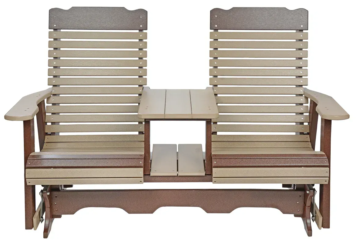 Double glider bench with a small center table in tan and brown, suitable for outdoor seating.