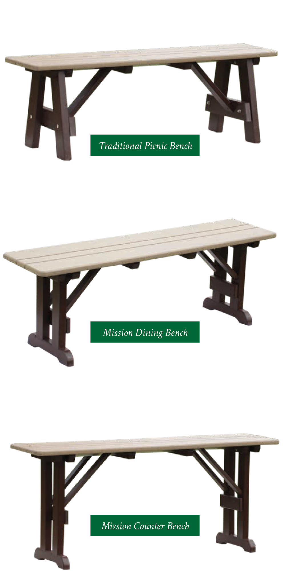 Three brown benches with light brown tops, each with a green rectangle below.