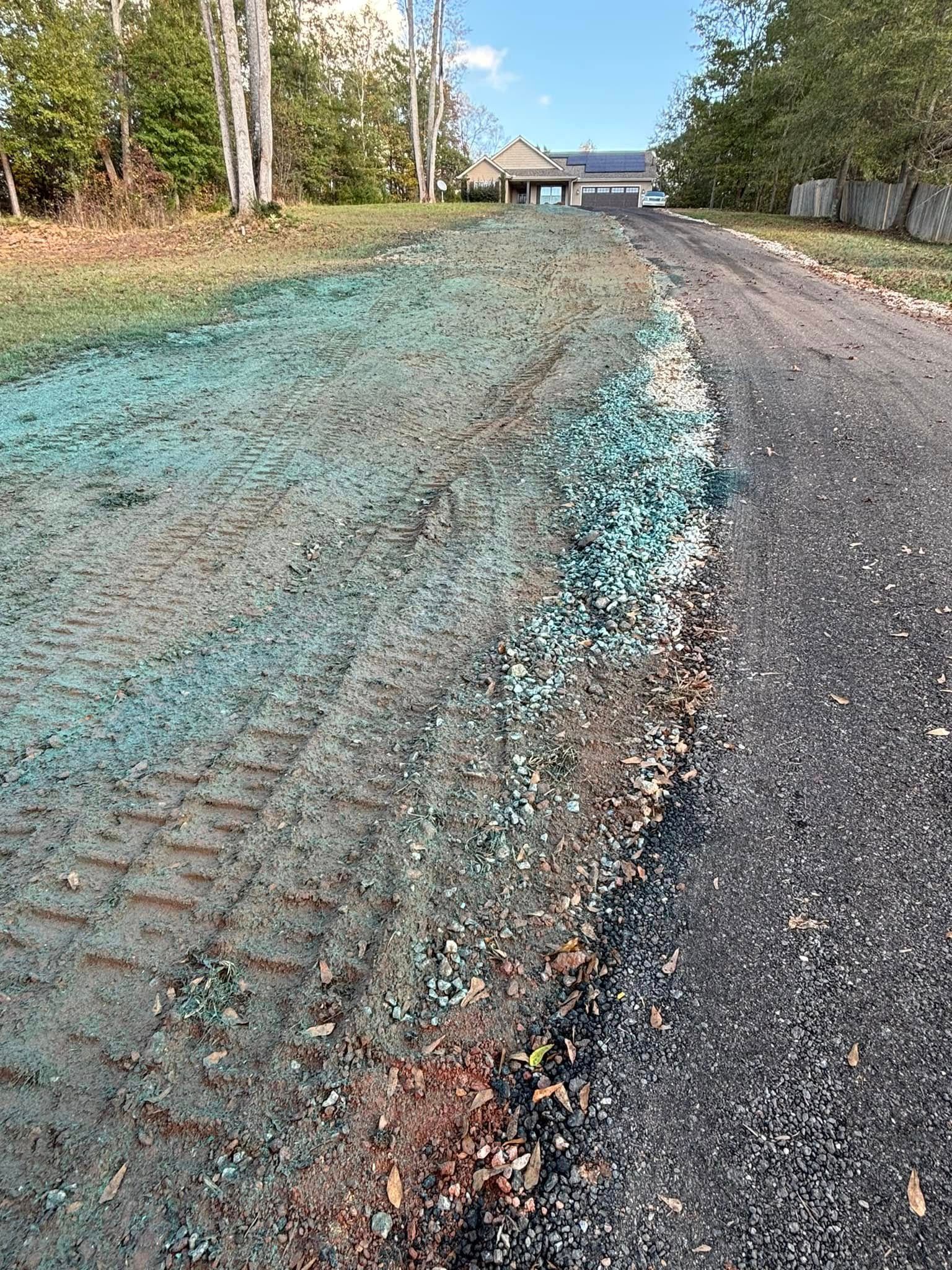 A gravel driveway borders a muddy, seeded area, colored with a bright green dye. Trees and a building are in the background.