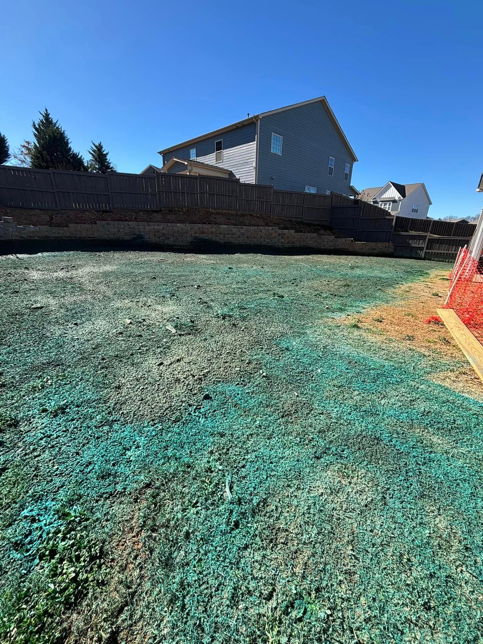 Lawn area sprayed with green dye, adjacent to a dirt pile and a house under a clear, blue sky.