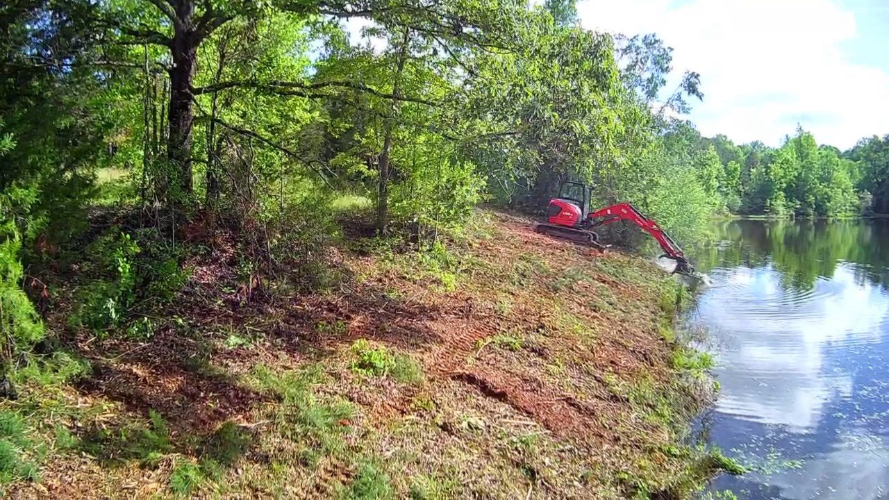 A small red excavator working on the edge of a pond, surrounded by green trees and vegetation under a sunny sky.