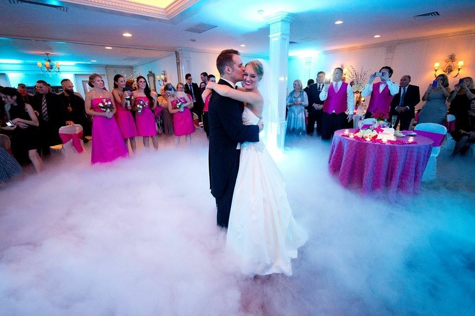 up lighting and monogram gobo at wedding