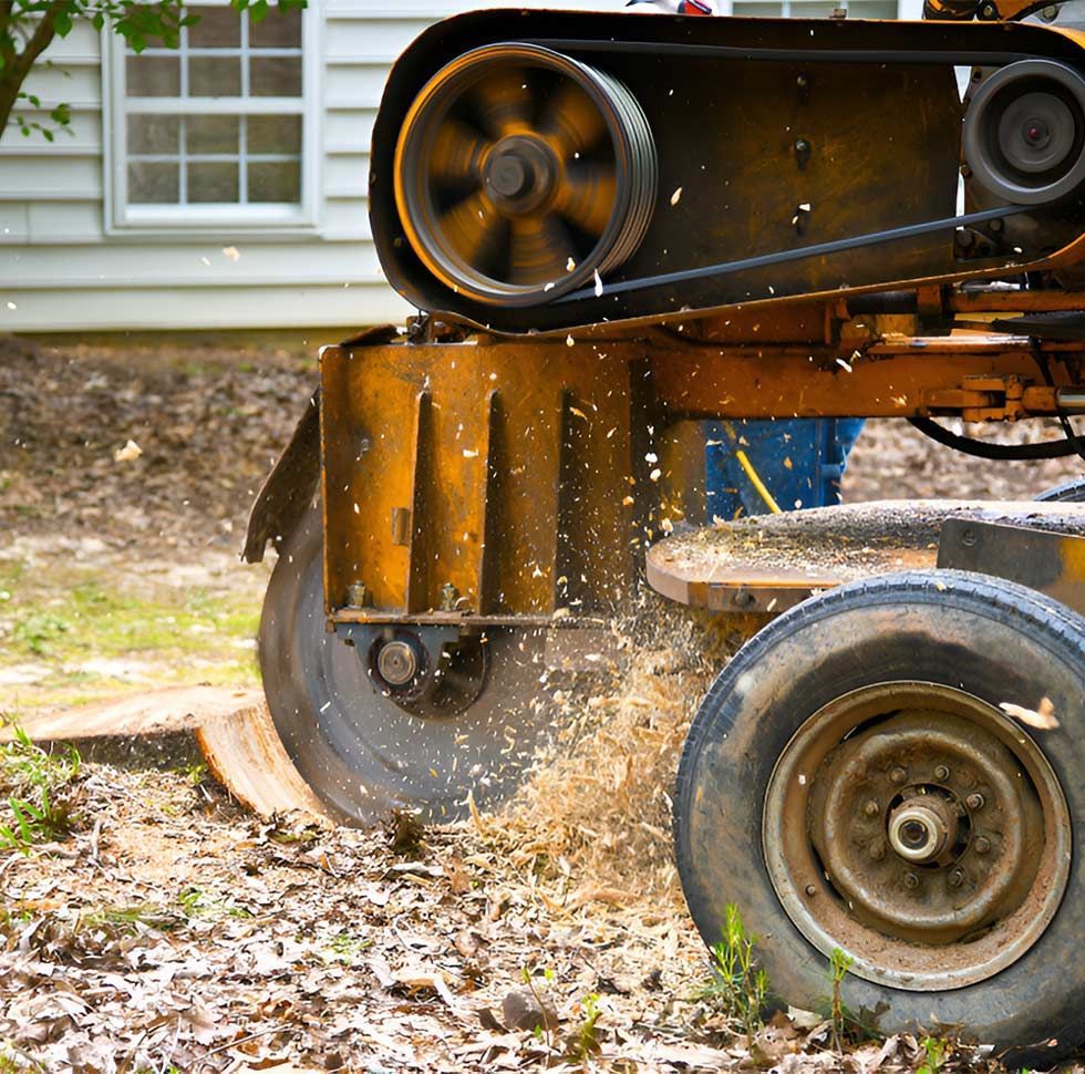 A Machine is Shaving a Tree Stump in a Yard — A Grade Tree Services in Burpengary, QLD