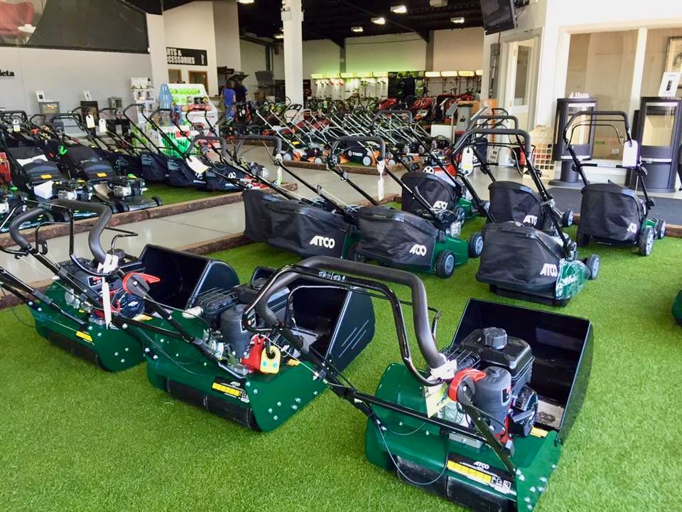 Photograph of ATCO lawnmowers for sale in the Cyril Johnston Retail Showroom, near Carryduff, Belfast, United Kingdom.