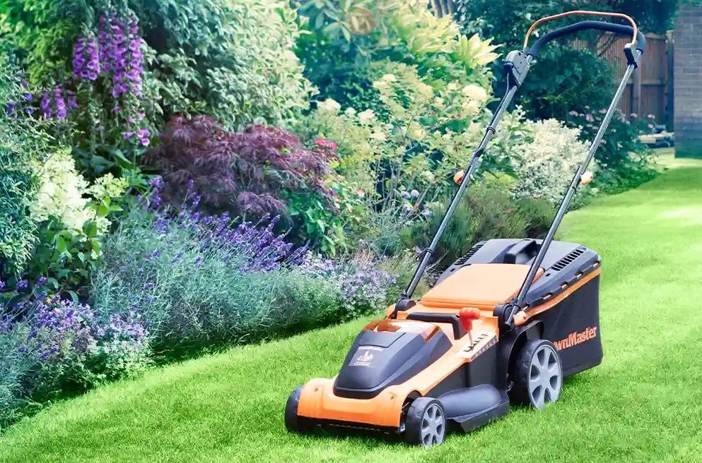 Front three-quarter view of a LawnMaster 48-volt, 41cm lithium ion battery powered, 41cm cordless combi mower.