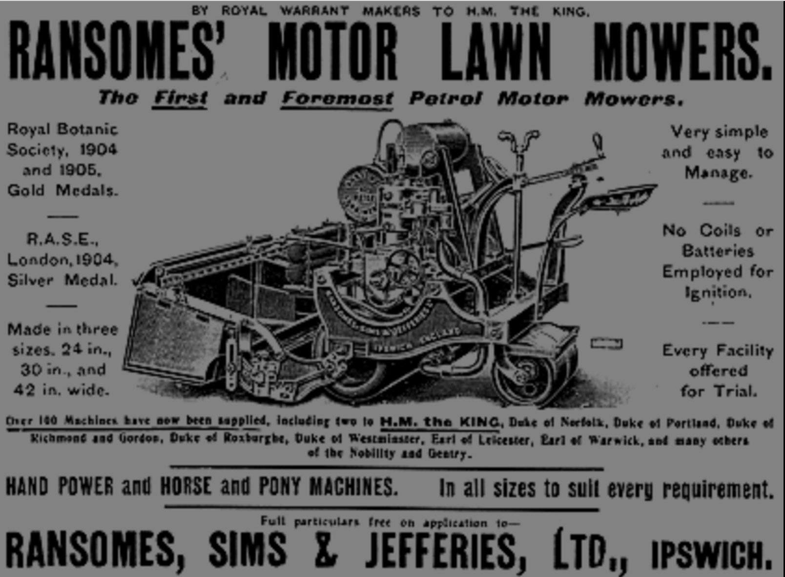 Advertisement for Ransomes' Motor Lawn Mowers, originally published in 1905, via Wikipedia.