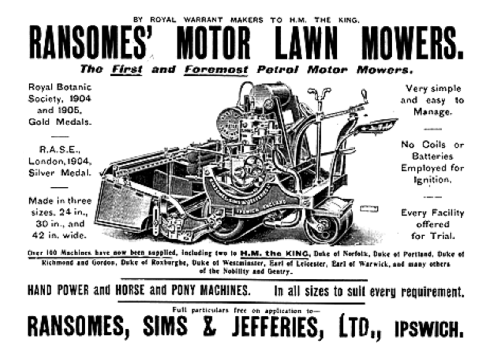 Advertisement for Ransomes' Petrol Motor Lawn Mowers, originally published in 1905.