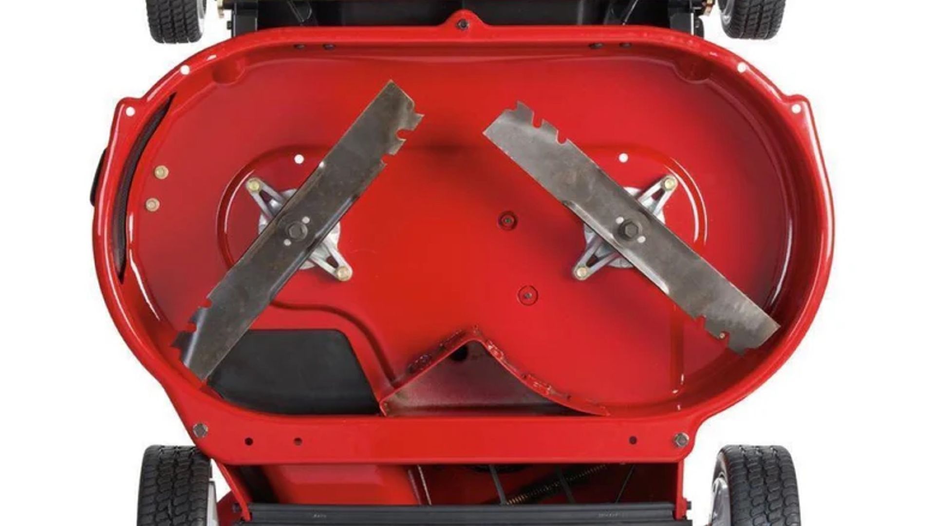 Underside view of a Toro Timemaster 76cm self-propelled mower.