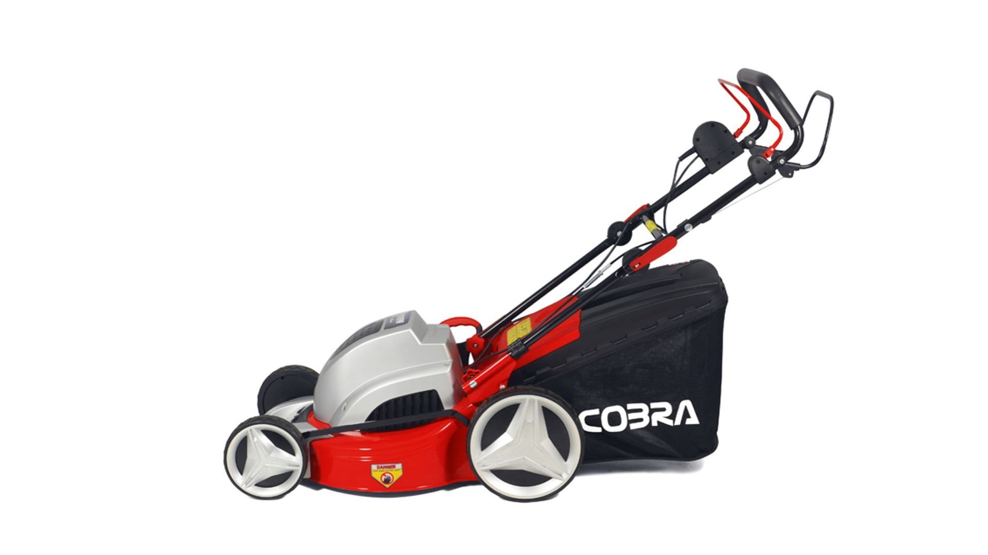 Photograph of 46cm Cobra MX46SPE corded electric, self-propelled lawnmower, against a white background. 