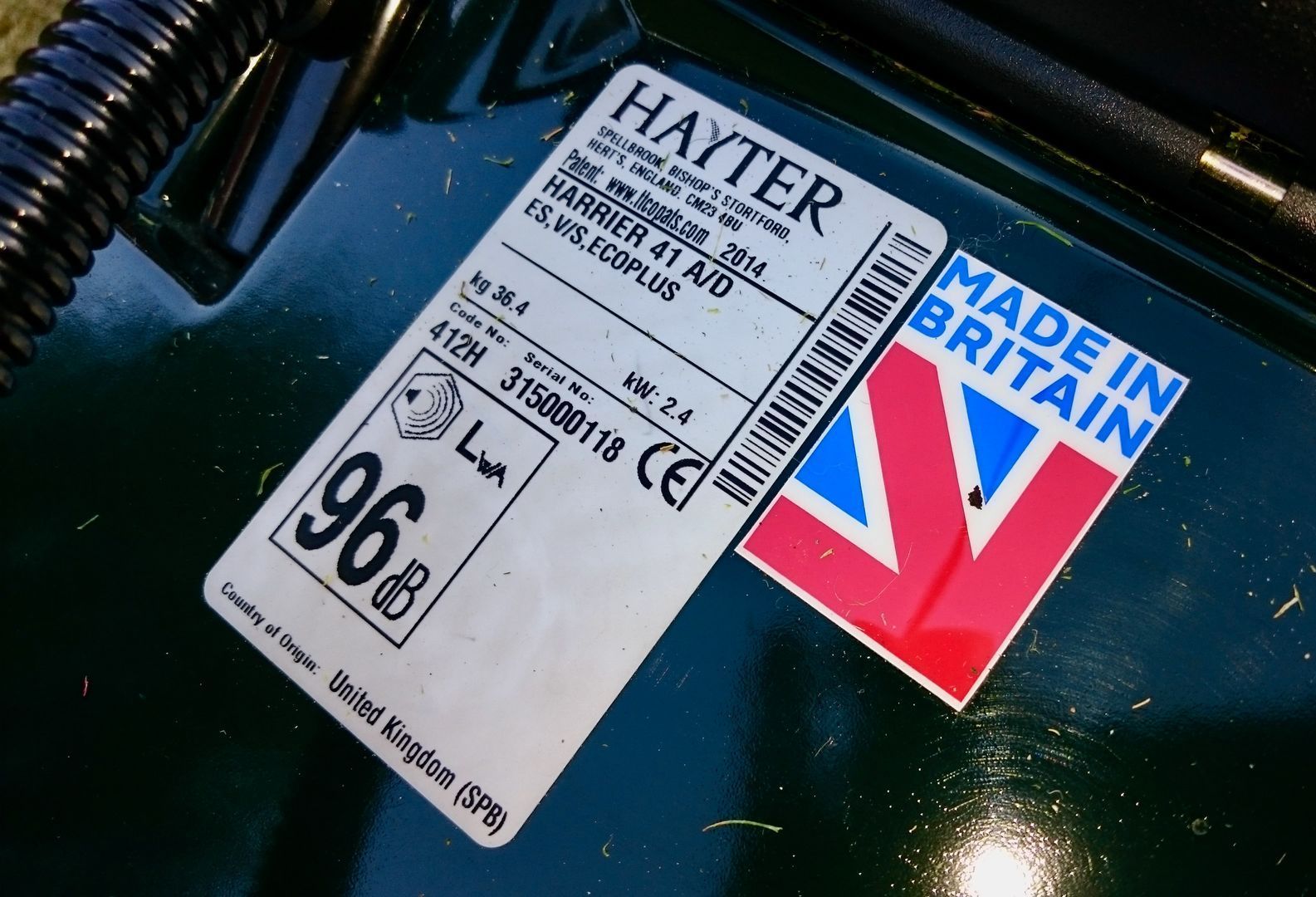 Photograph of a compliance label fitters to a Hayter Harrier 41 Autodrive lawnmower, showing the machine's power output.