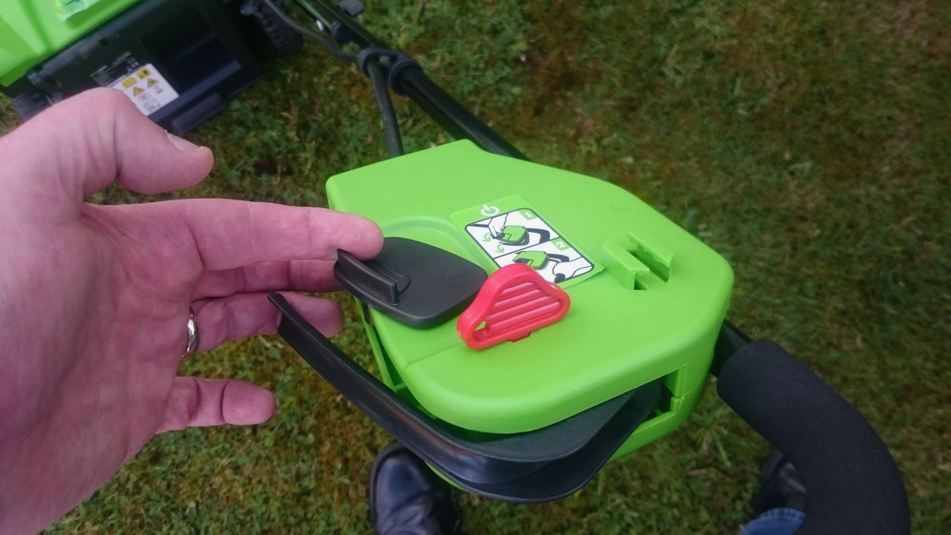 Photograph of key start system, fitted to a Greenworks' cordless lawnmower.